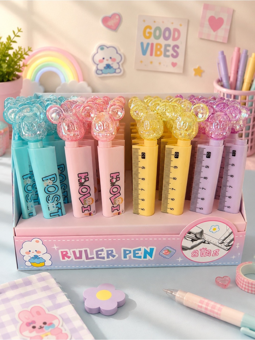 6 assorted pens with ruler